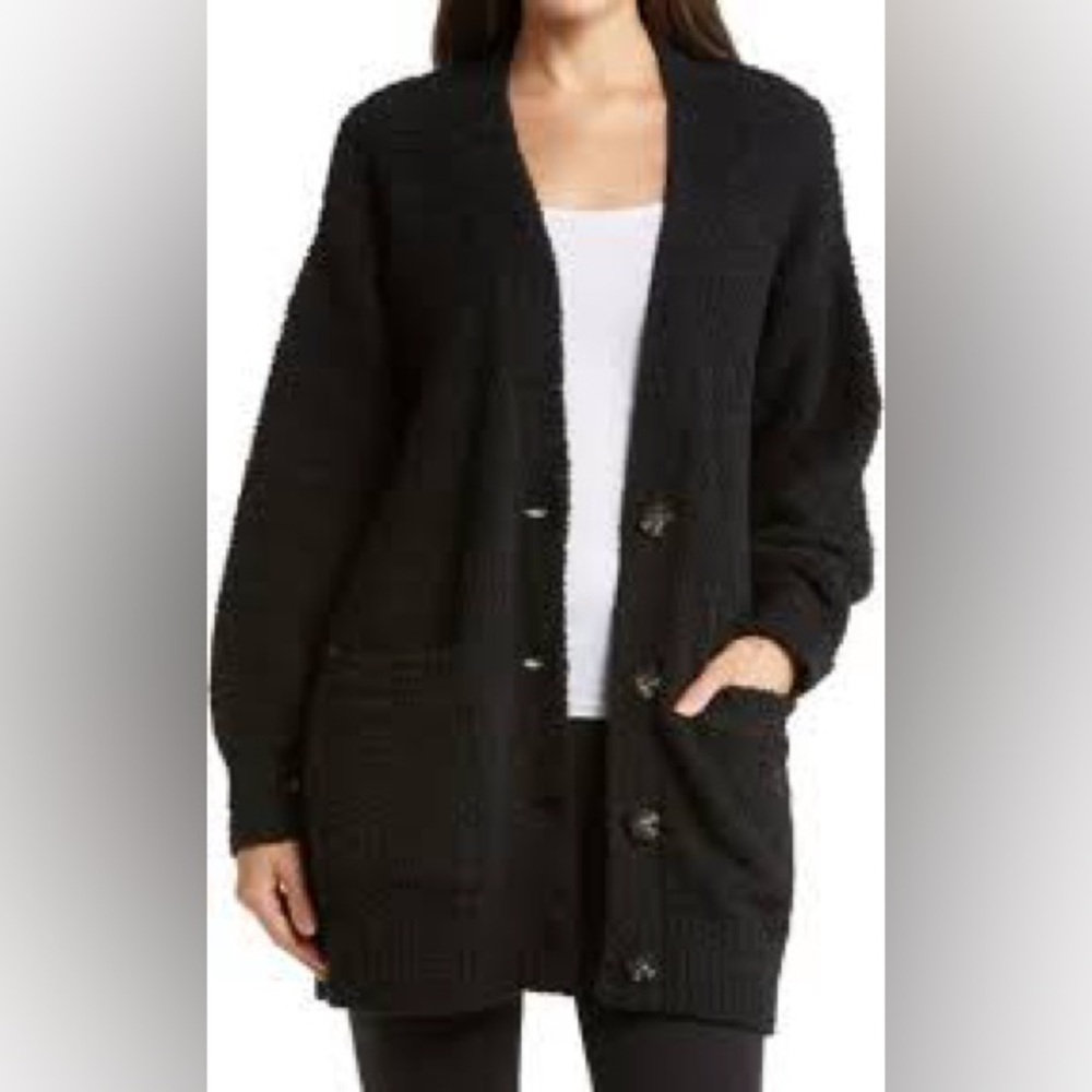 Black Open-Front Button Cardigan Sweater